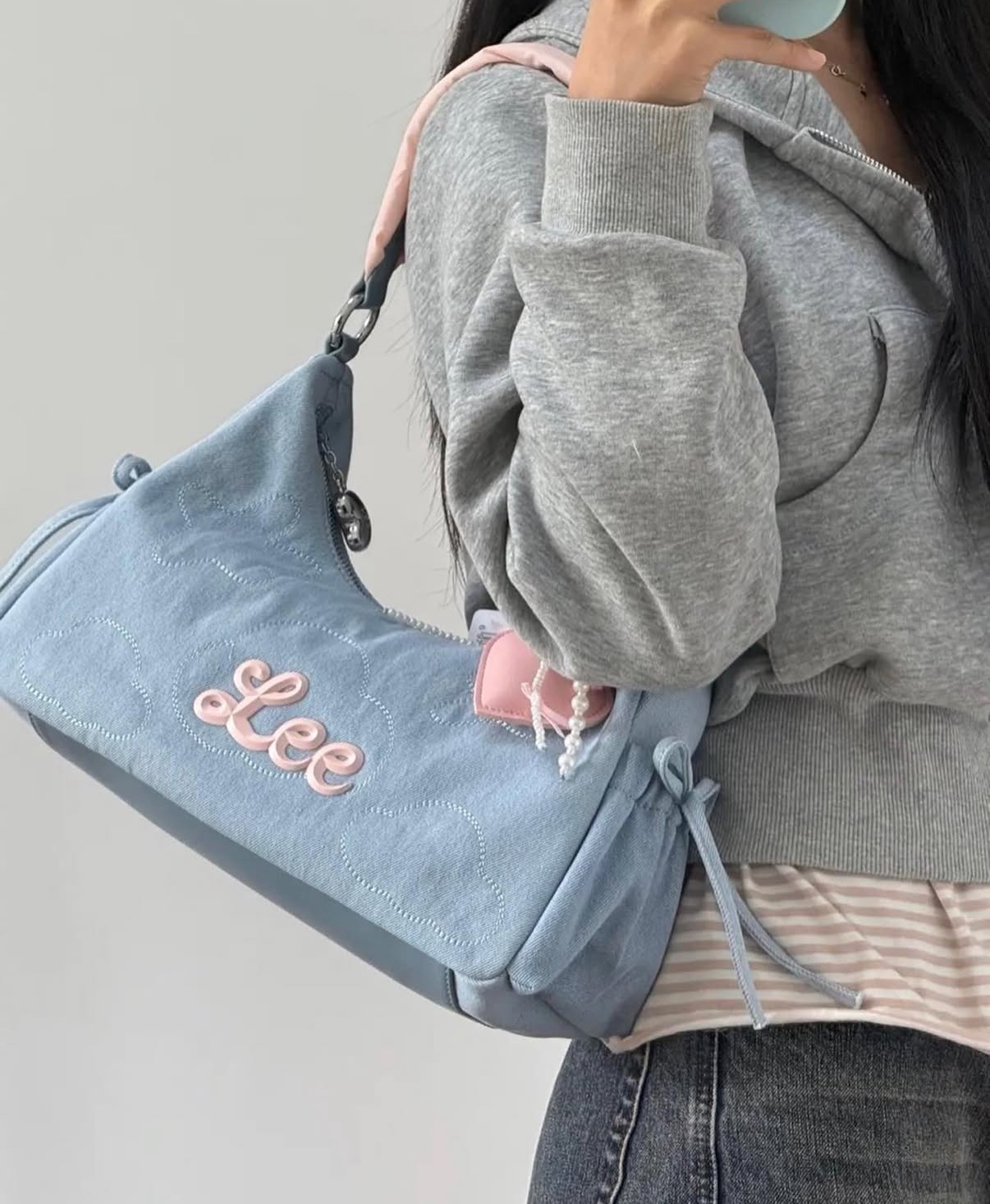 LEE 藍粉色蝴蝶結雲吞包 芭蕾風 牛仔藍 淡粉 單肩包 手提包 腋下包 / 預購