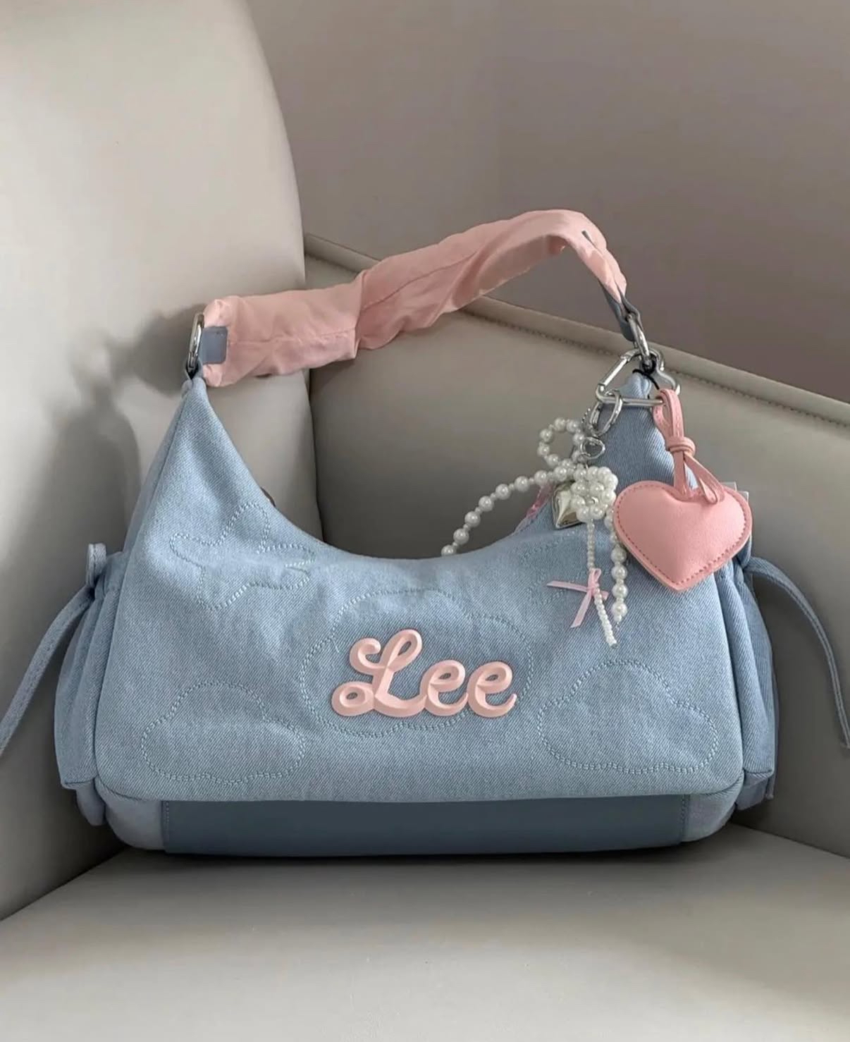LEE 藍粉色蝴蝶結雲吞包 芭蕾風 牛仔藍 淡粉 單肩包 手提包 腋下包 / 預購