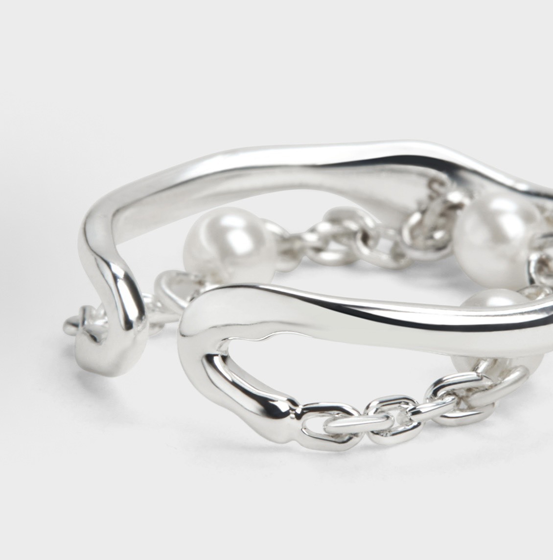 CHARLES&KEITH 小CK 月光謐語珍珠系列 疊鏈開口設計 黃銅 戒指 女款 Silver銀色