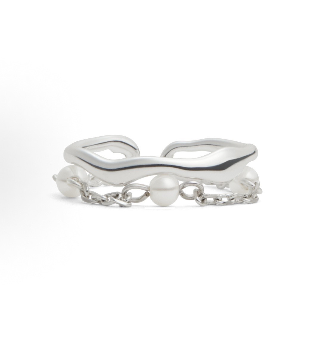 CHARLES&KEITH 小CK 月光謐語珍珠系列 疊鏈開口設計 黃銅 戒指 女款 Silver銀色