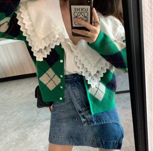 Vintage Argyle Knit V-Neck Cardigan