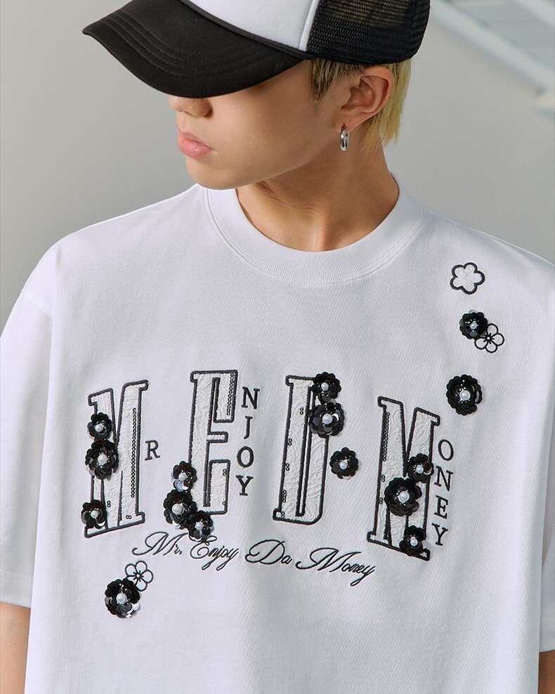 MEDM 蕾絲花朵貼布 刺繡Logo 短袖 T