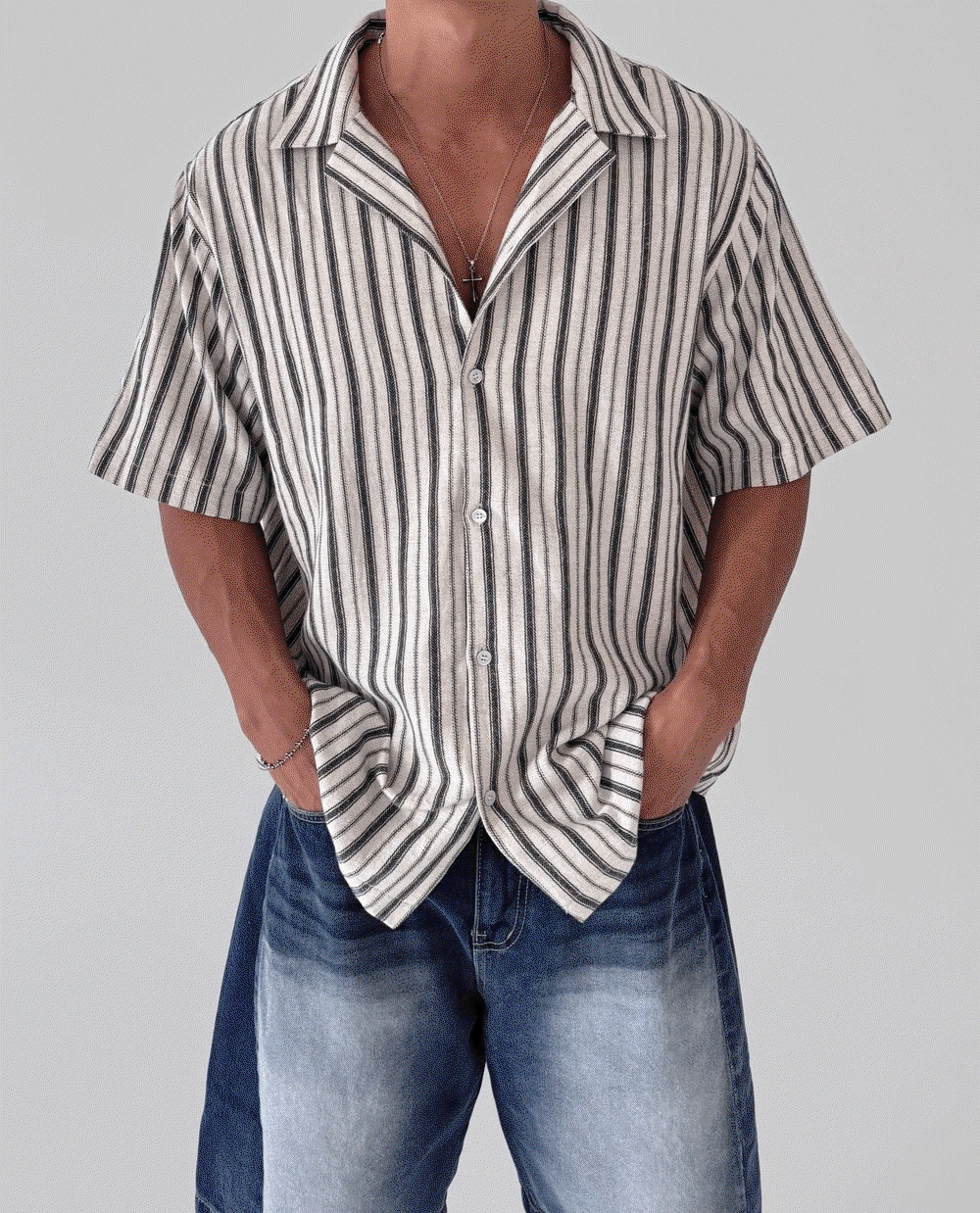 冰亞麻ST開領短袖襯衫