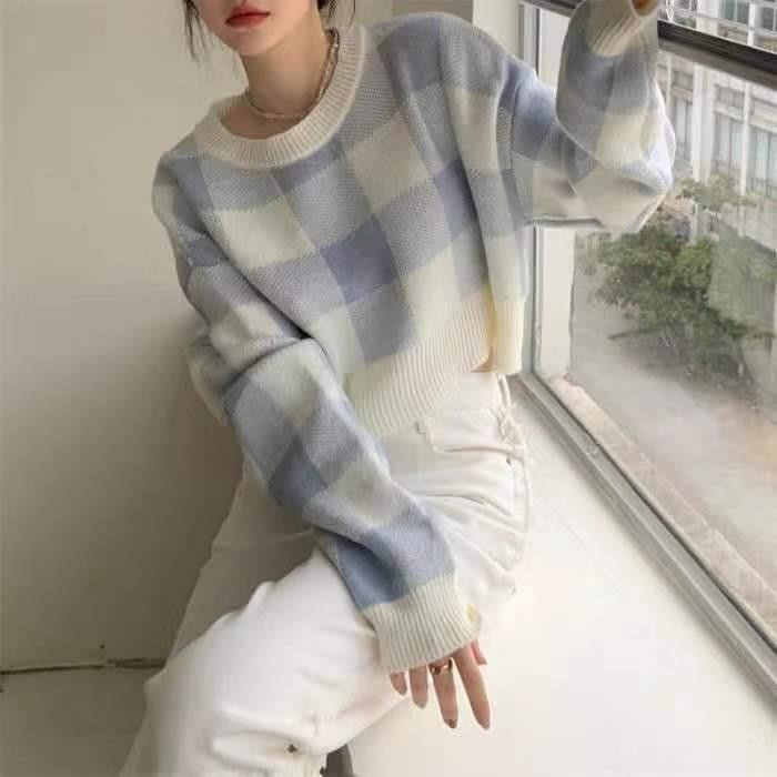 Color-Block Plaid Loose Crop Knit Top