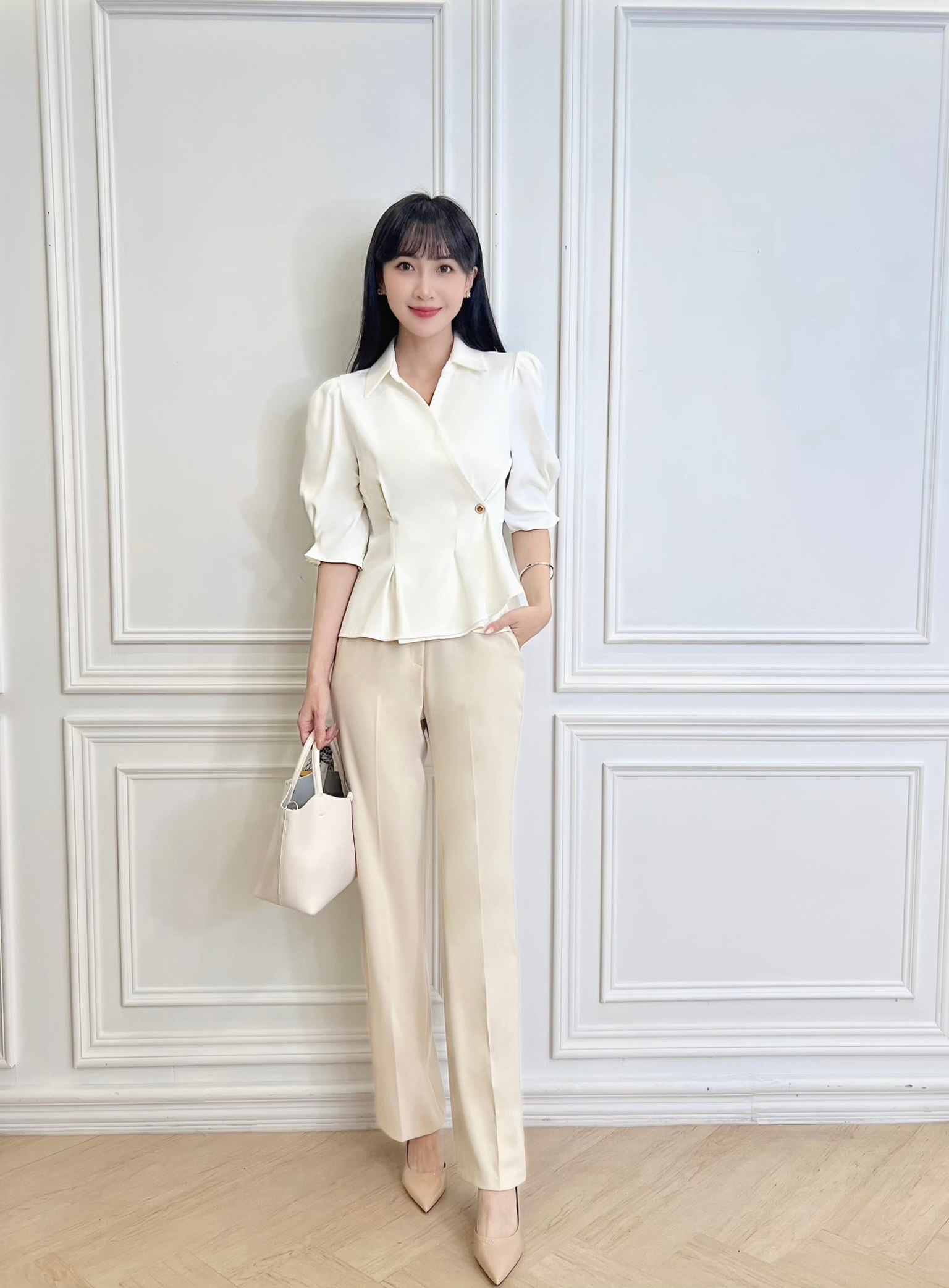 木紋釦後鬆緊腰直筒褲