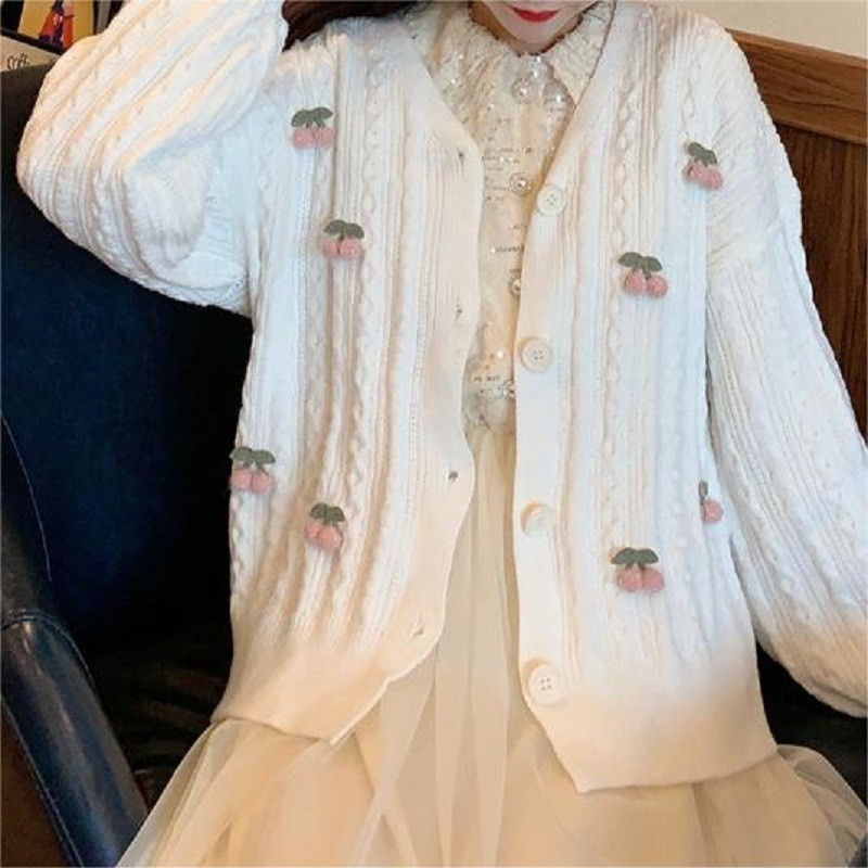 Japanese Sweet Style Cherry V-Neck Knit Cardigan
