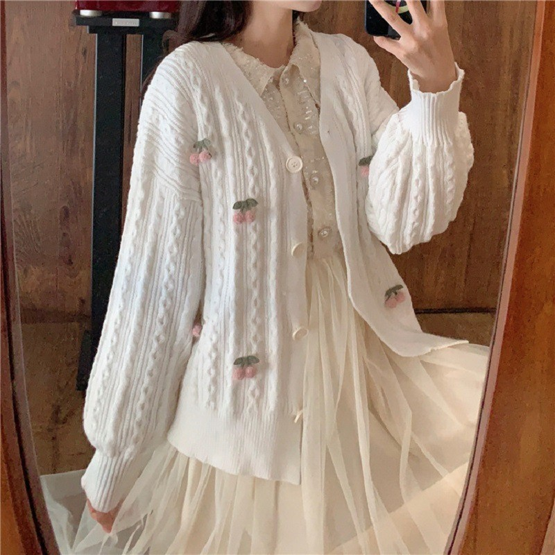 Japanese Sweet Style Cherry V-Neck Knit Cardigan
