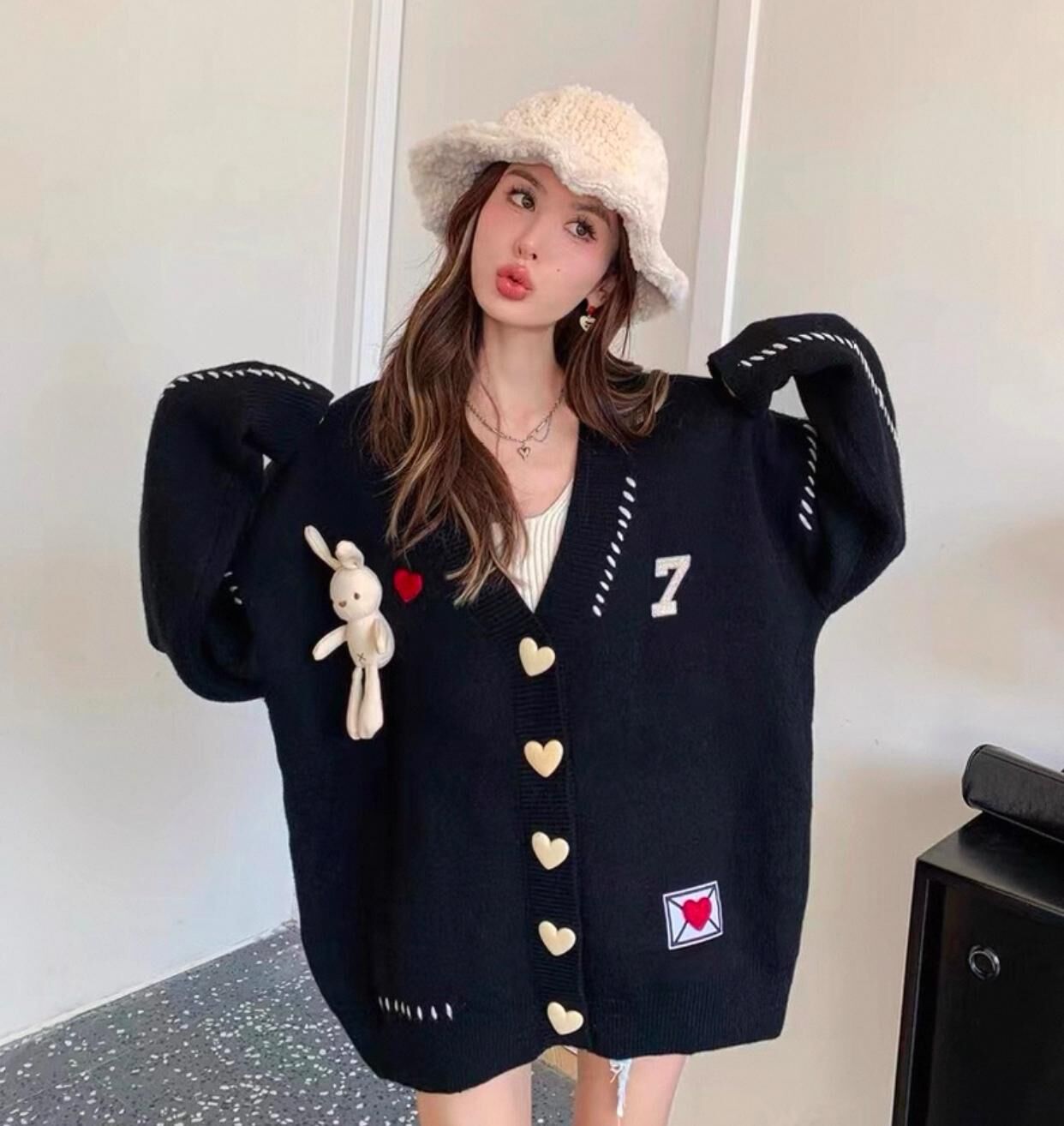 Korean Style Bunny & Heart Plush Knit Cardigan