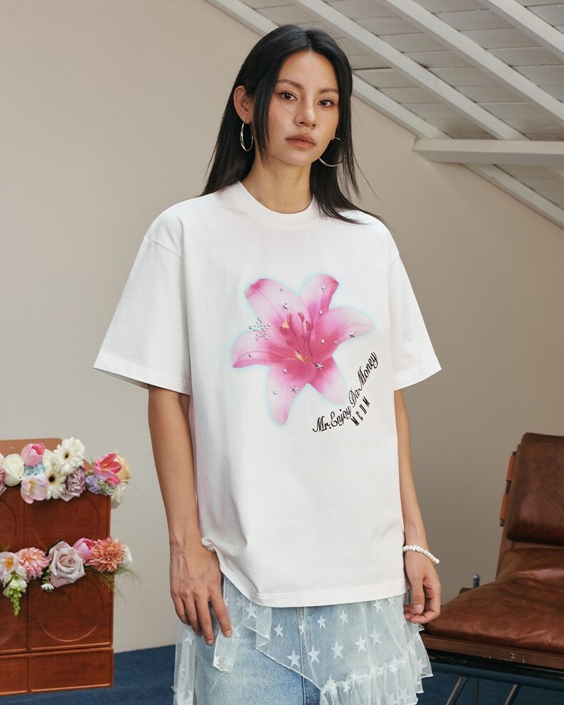 MEDM 燙印花朵 立體黏釘珍珠 情侶款 短袖 T