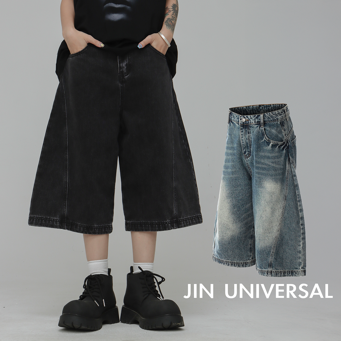 JIN UNIVERSAL 復古彎刀水洗牛仔短褲