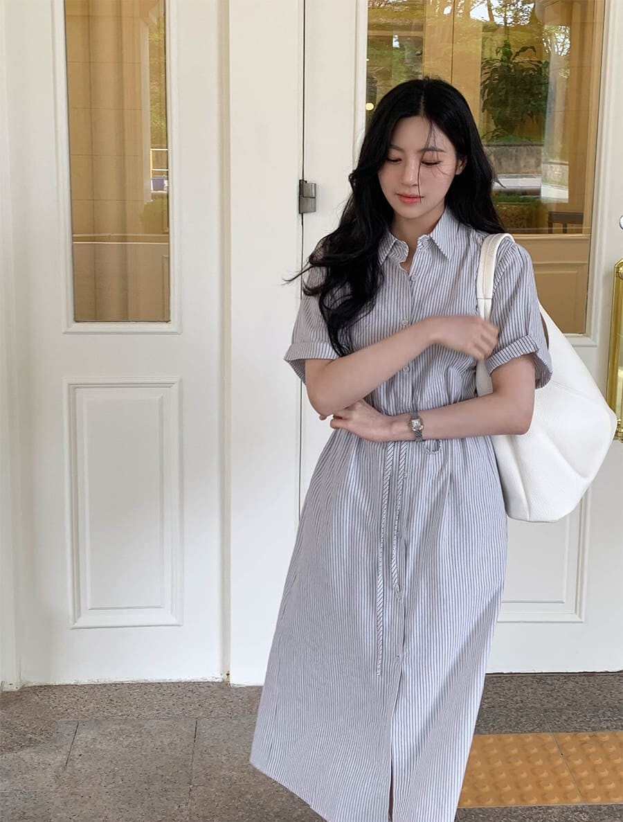 韓國Cherrykoko授權 優雅直條紋腰間綁帶襯衫連身裙