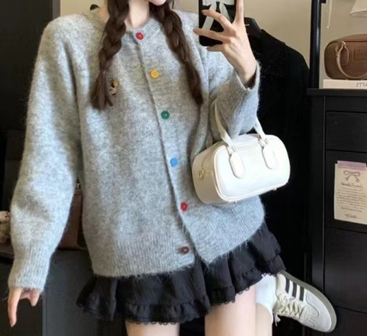 Korean Round-Neck Puppy Button Knit Cardigan