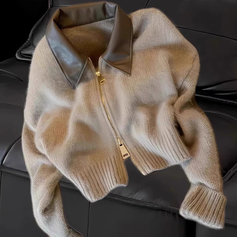 Faux Leather Collar Zip-Up Cropped Fleece Jacket