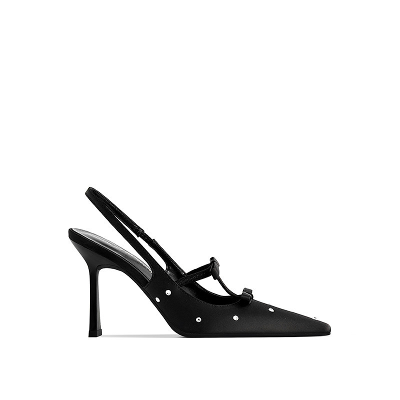 蝴蝶結線條 綢緞尖頭跟鞋(35-40)(7公分/9公分)