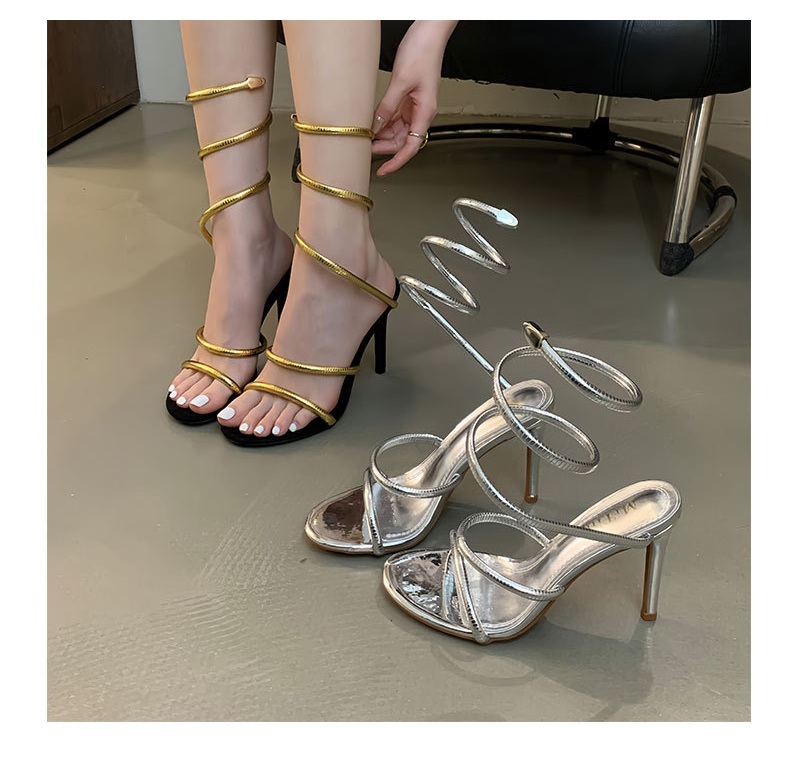 蛇型纏繞 線條高跟涼鞋(35-39)(金/銀)