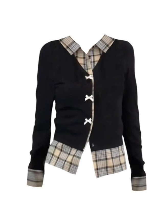 Korean Layered-Look Plaid Preppy Long Sleeve Top