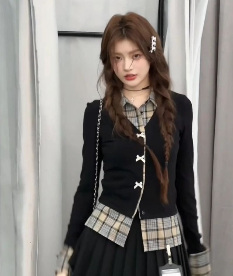 Korean Layered-Look Plaid Preppy Long Sleeve Top