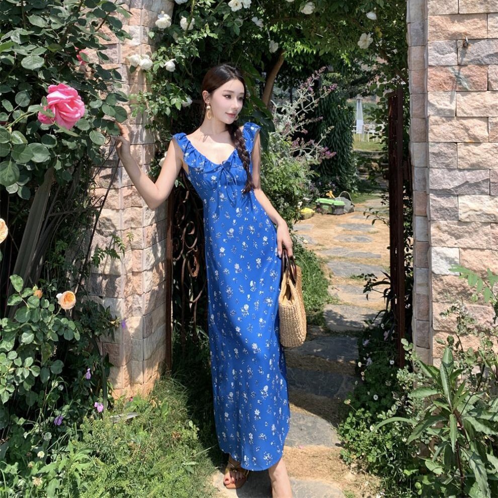 V領荷葉邊 碎花度假長洋裝