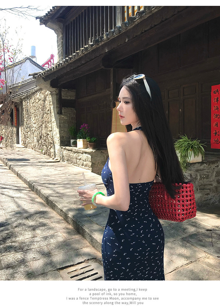 繞脖V領 碎花長洋裝