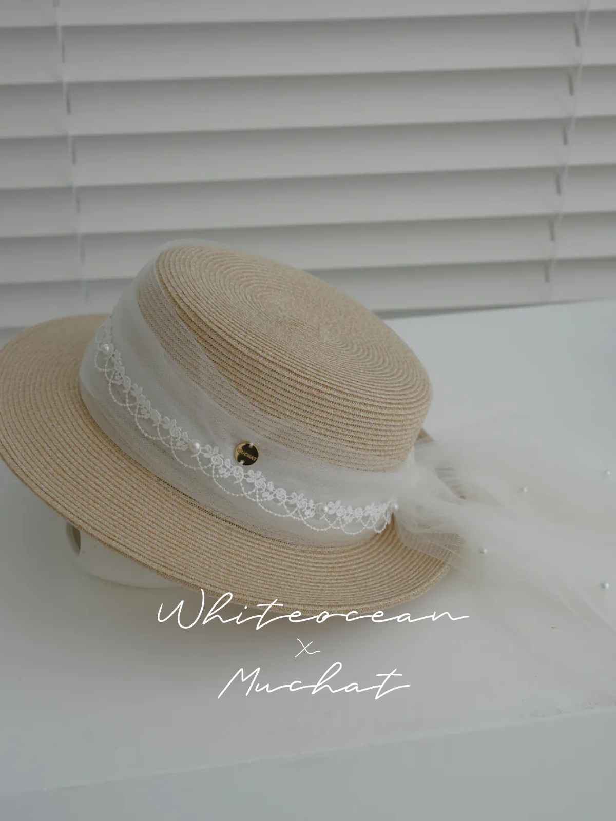【婚紗聯名】綿月。MUCHAT手作蝶結珍珠蕾絲平頂草帽/紳士帽