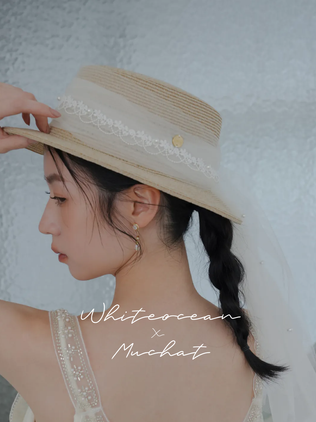 【婚紗聯名】綿月。MUCHAT手作蝶結珍珠蕾絲平頂草帽/紳士帽