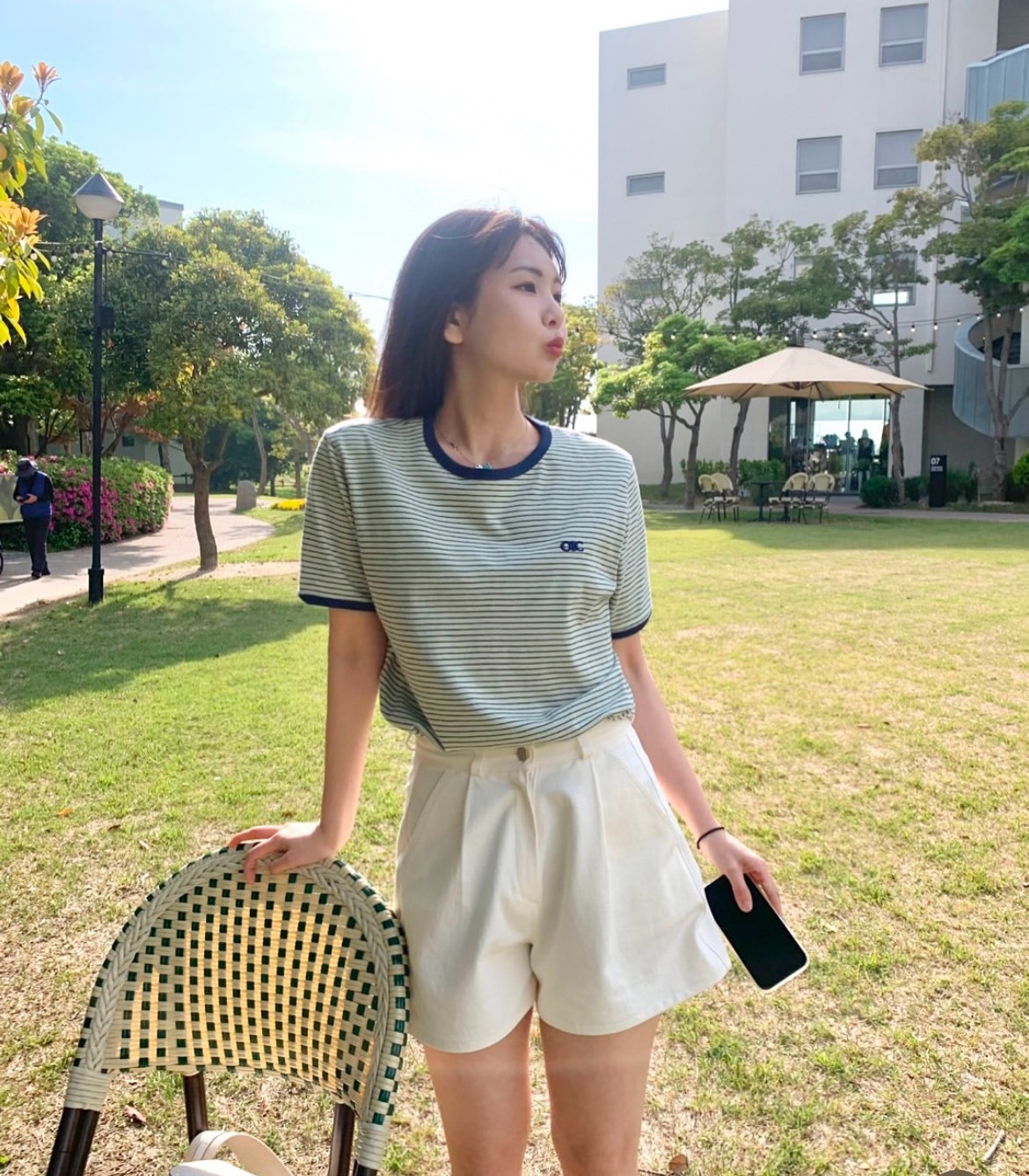 【OWN】OIOI COLLECTION 女生 短袖上衣 刺繡 條紋 OIC 夏季新品 薄荷綠