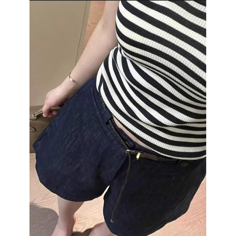 深藍亞麻牛仔短褲