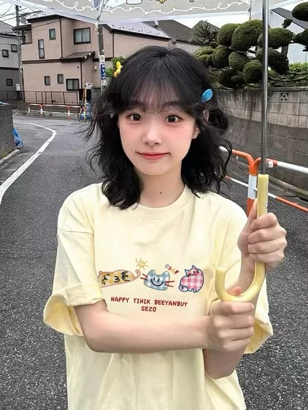[2 PCS FOR RM50] Pastel Yellow Cartoon Cat Girl Tee