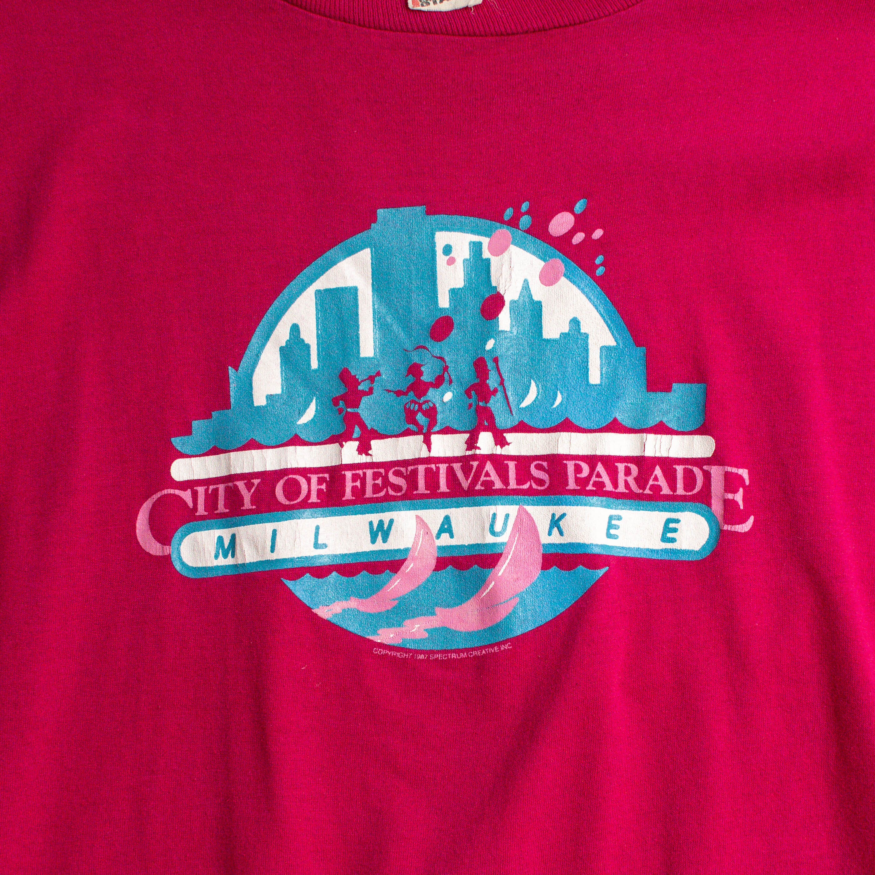 80-90S SCREEN STARS VINTAGE TEE 美國製 桃紅 密爾瓦基 圖案 短袖 T恤