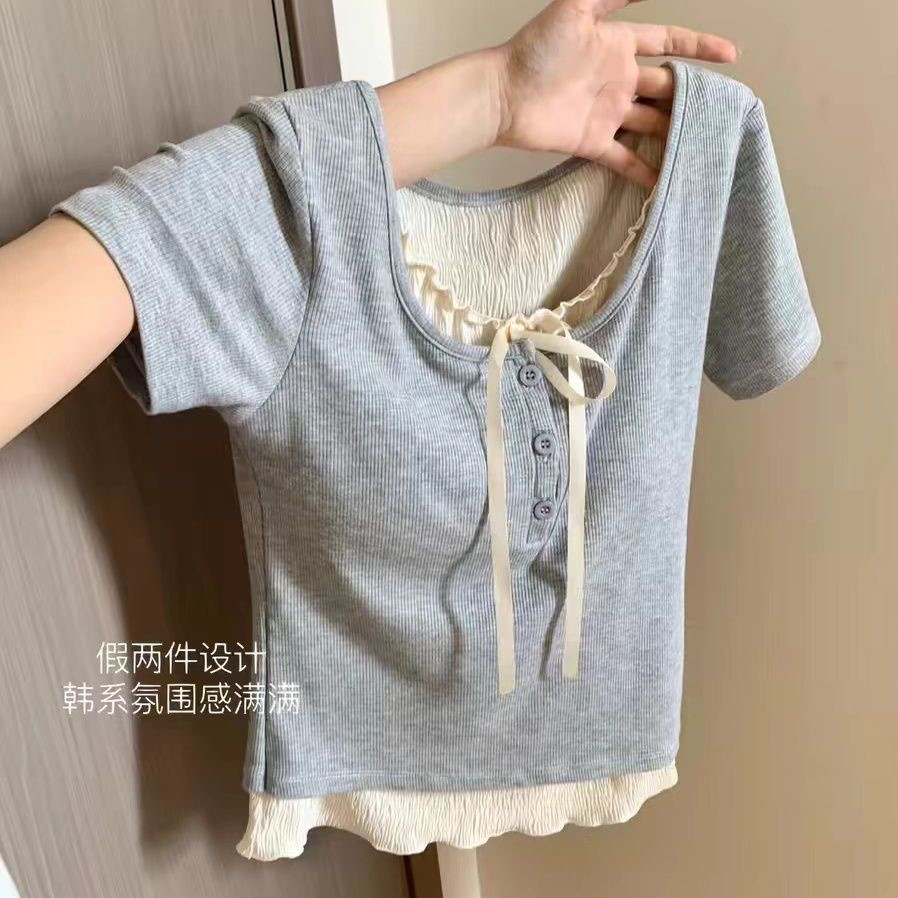 [2 PCS FOR RM50] Layered-Look Ruffled Bow Short Sleeve Top