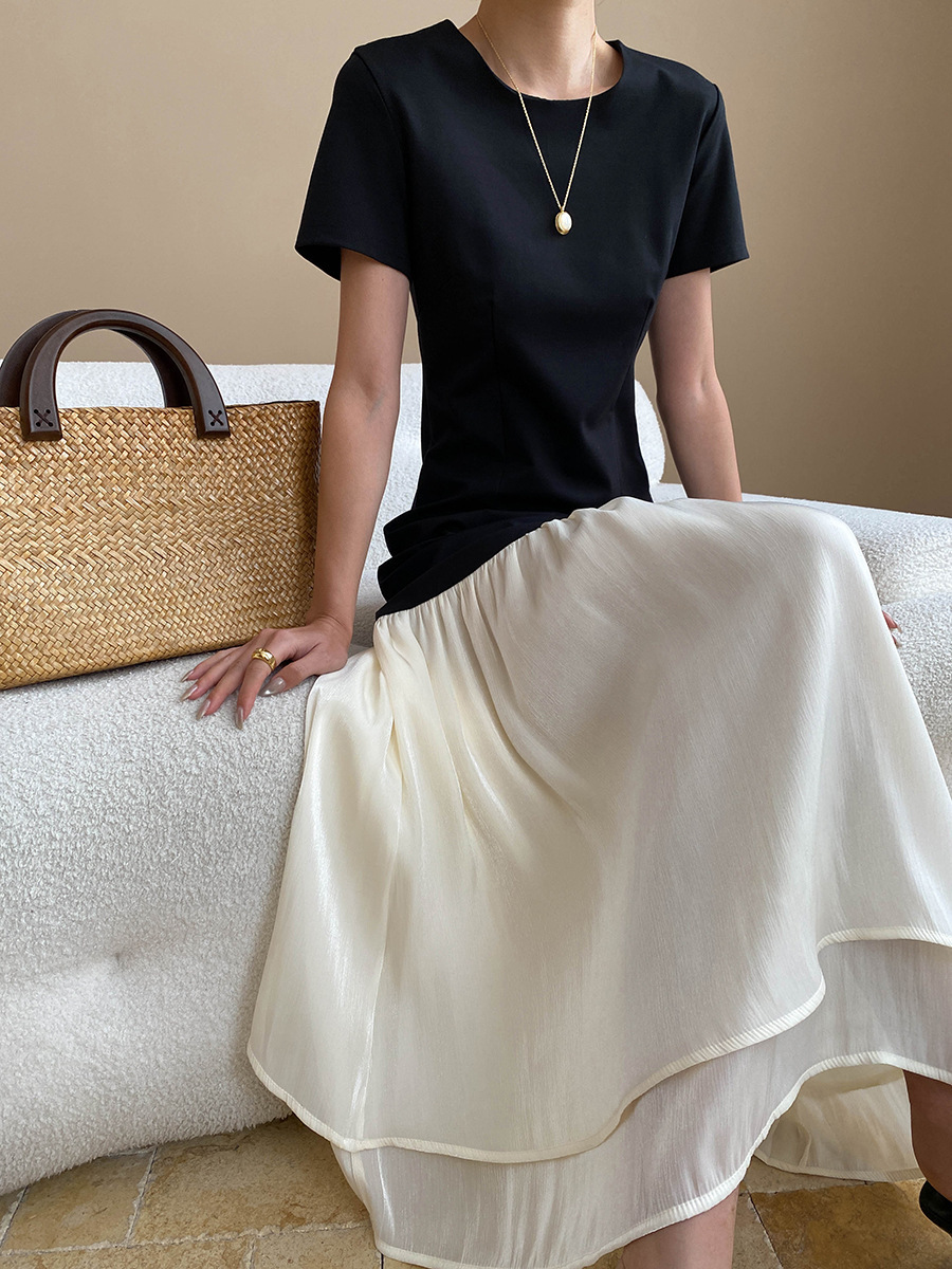 美人魚雙層裙襬 撞色拼接短袖洋裝