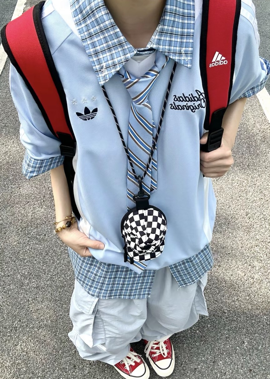 adidas x Sporty Oversized V領條紋短袖T恤 女款 亮光藍