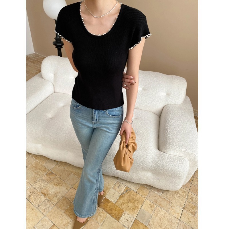 釘珠U領連肩袖 挺版針織上衣(米/黑)