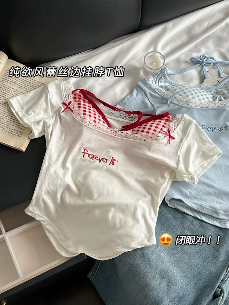 Innocent-Chic Plaid Layered-Look Square Neck Tee