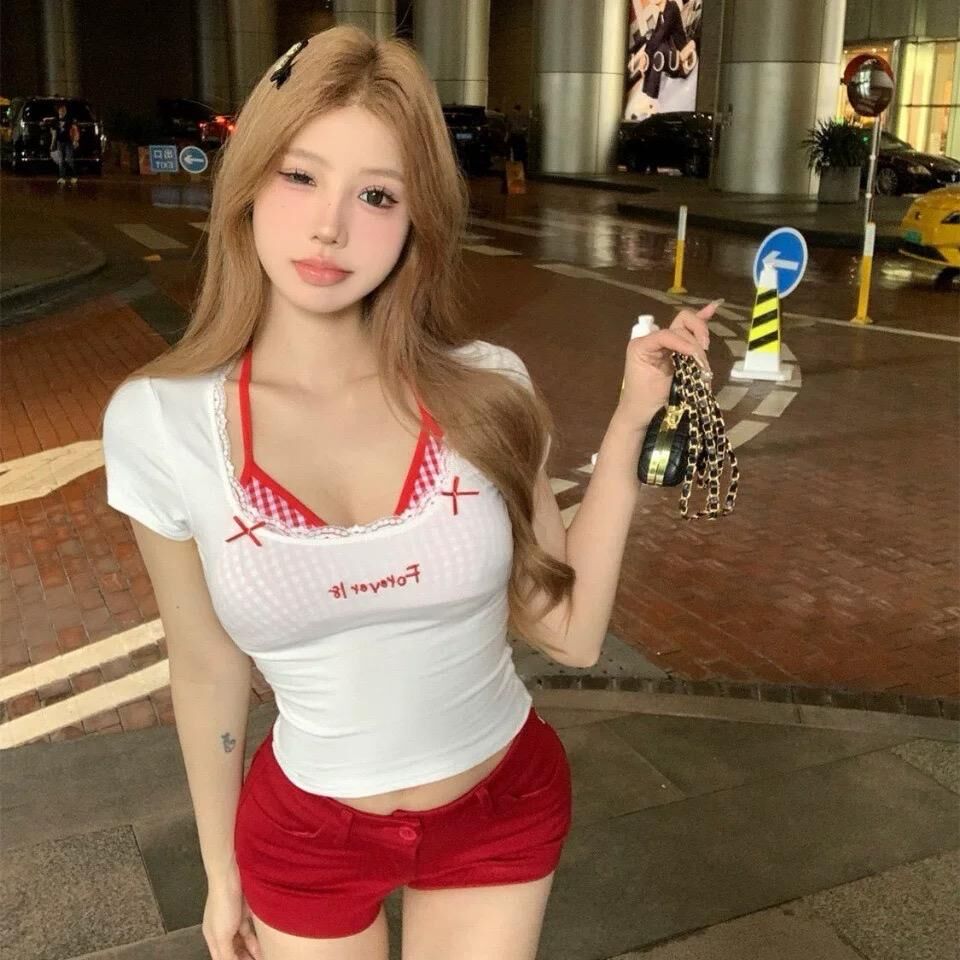 Innocent-Chic Plaid Layered-Look Square Neck Tee