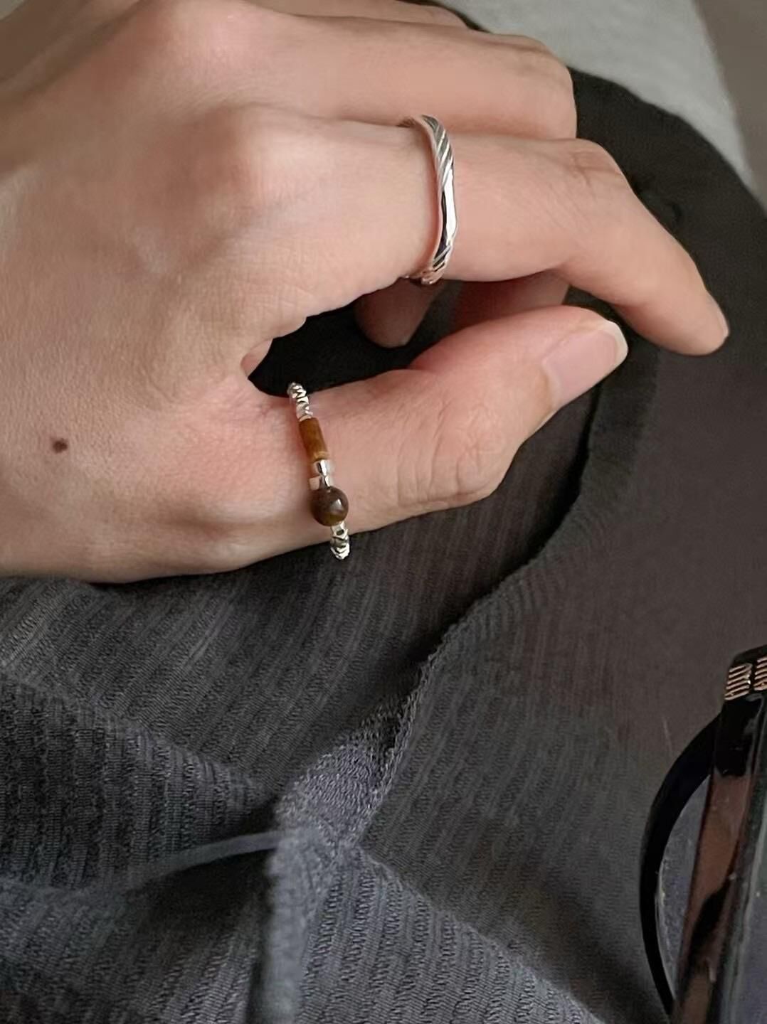 S925 silver  tigereye silvered chip ring