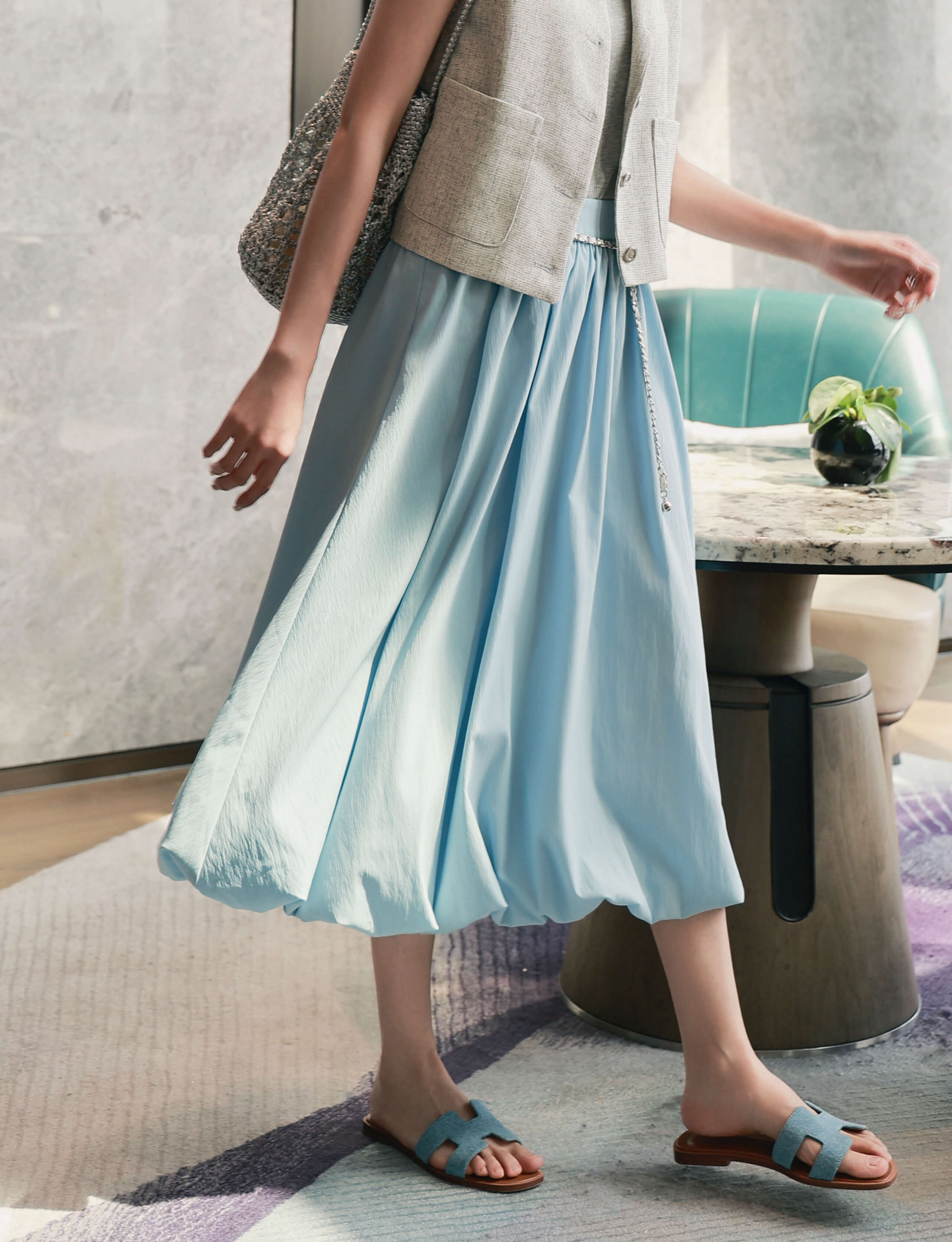 Gathered Hem Midi Skirt with Belts_SK255L05