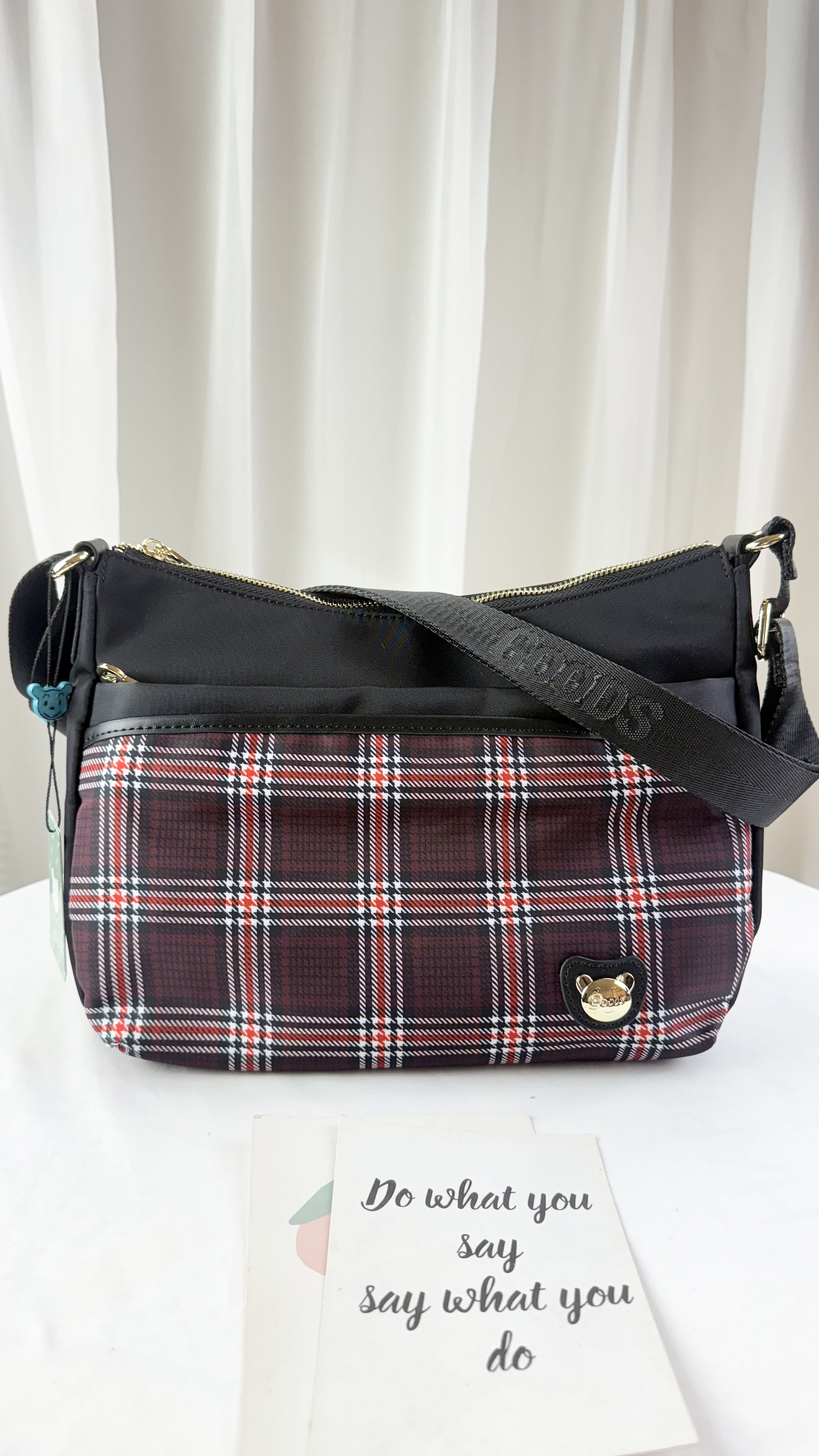 GOODS 英倫格紋紅拼色防潑水肩背包 / 側背包 #2638