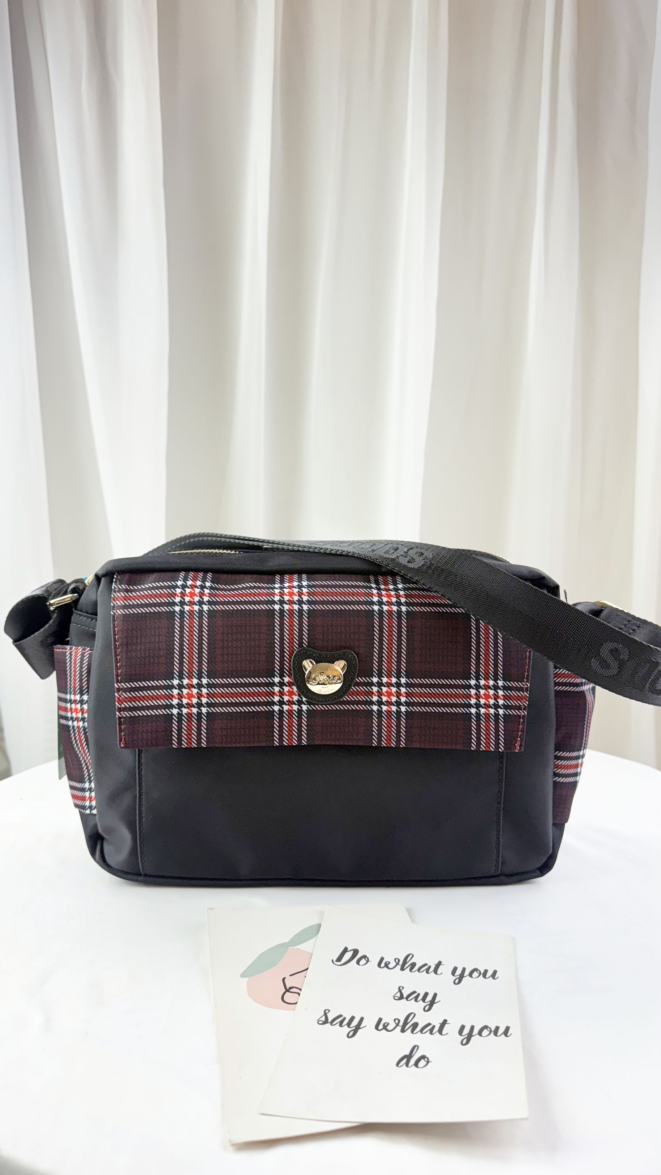 GOODS 英倫格紋紅拼色防潑水肩背包 / 側背包 #2904