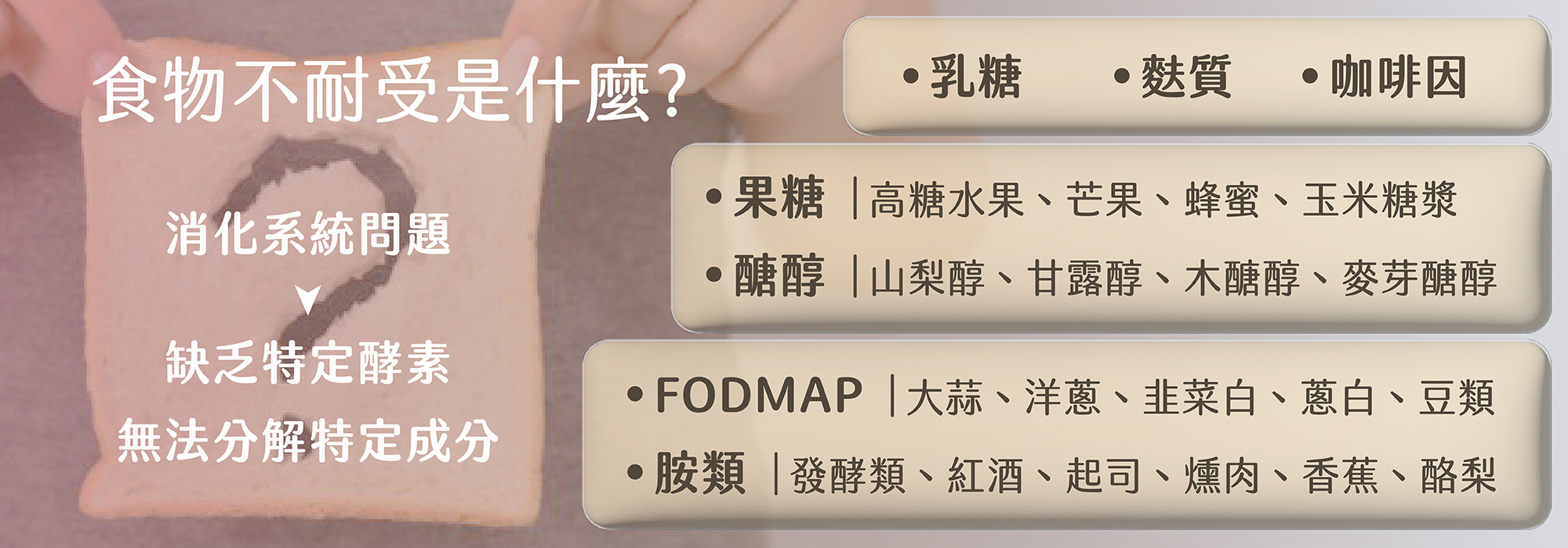 食物不耐受,乳醣不耐,麩質,蒜頭過敏,果糖過敏,芒果過敏