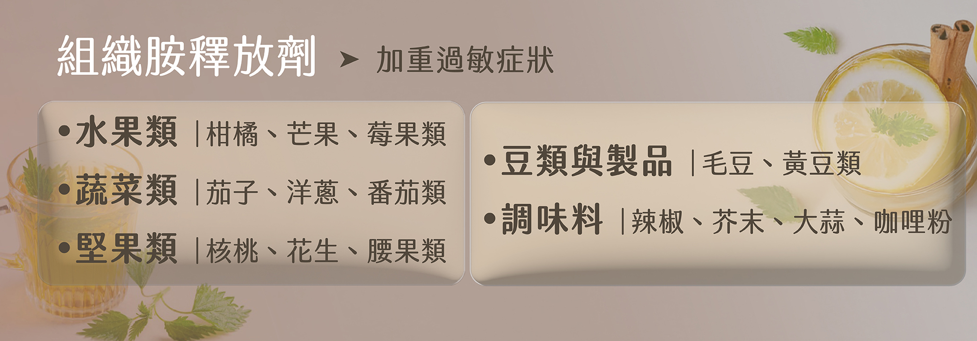 組織胺釋放劑,芒果,水梨,莓果,奇異果過敏,堅果,花生過敏,洋蔥過敏