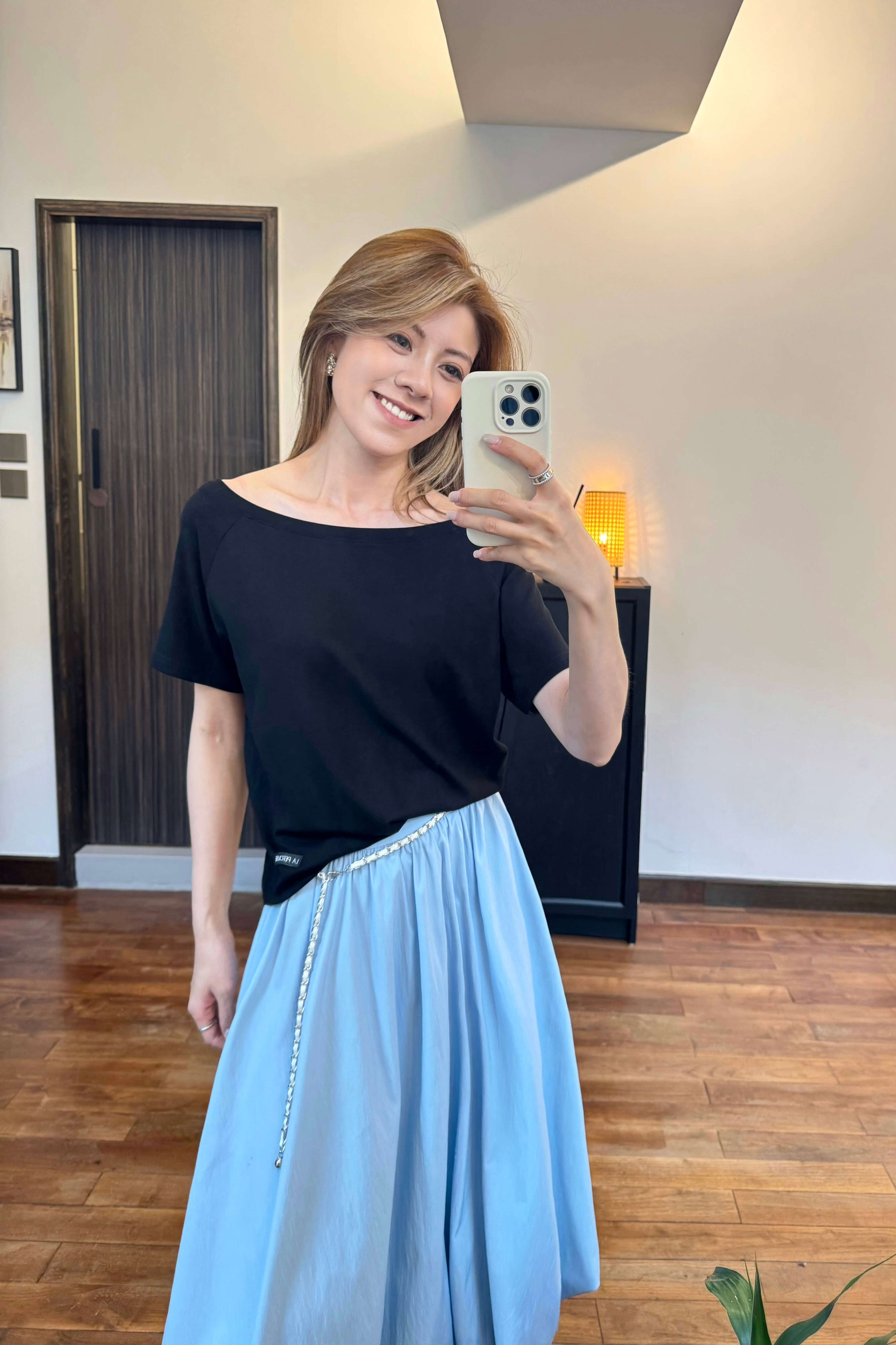 Boat Neck Shoulder Viscose-Blend Short Sleeve Top_TP255L07