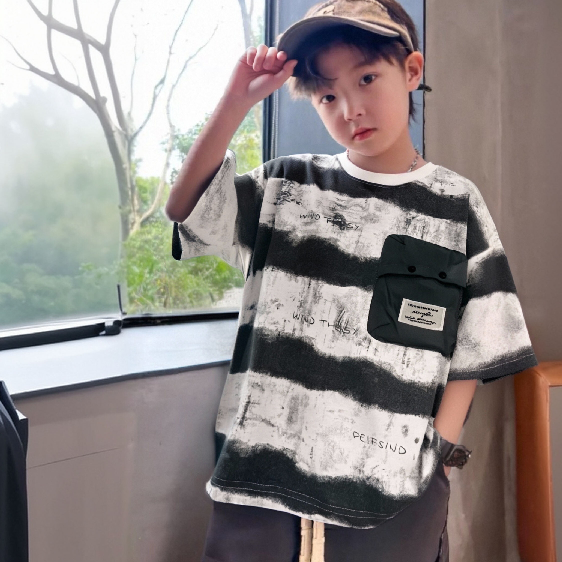 【H50180】油漆記號大橫條圓領上衣/短T＊二色