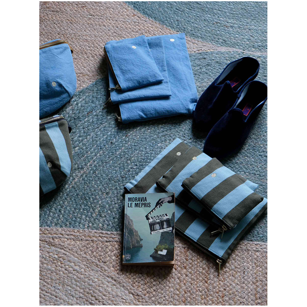 (預購4/30)法國La cerise sur le gâteau 有機棉防水分類收納袋-抹茶藍條紋(小)