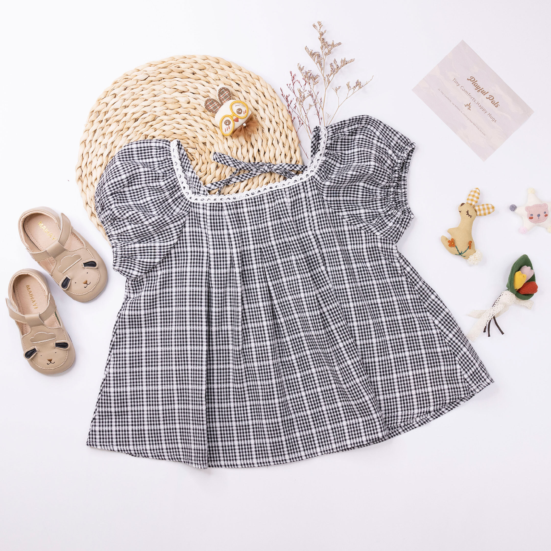 【H50188】經典小格紋後綁帶棉質上衣