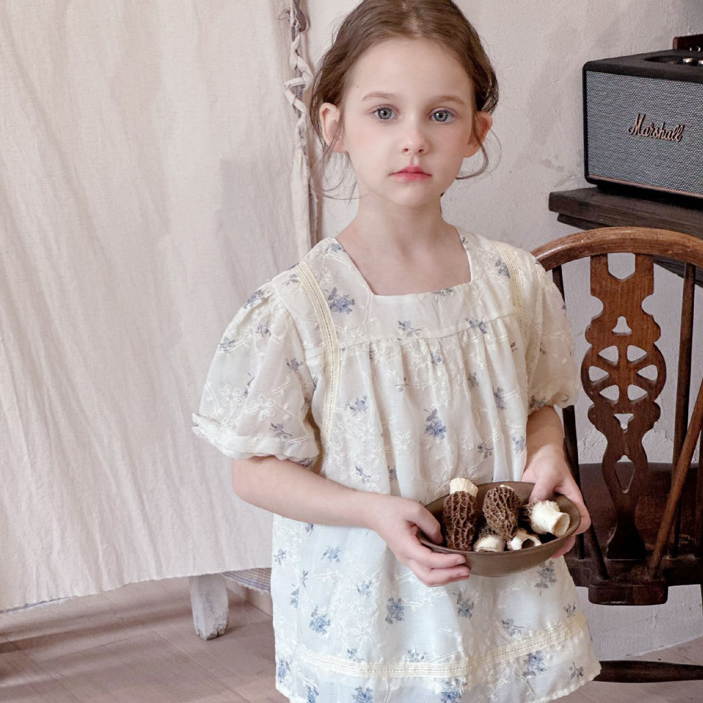 【H50201】歐式花朵布蕾絲拼接兩件式套裝