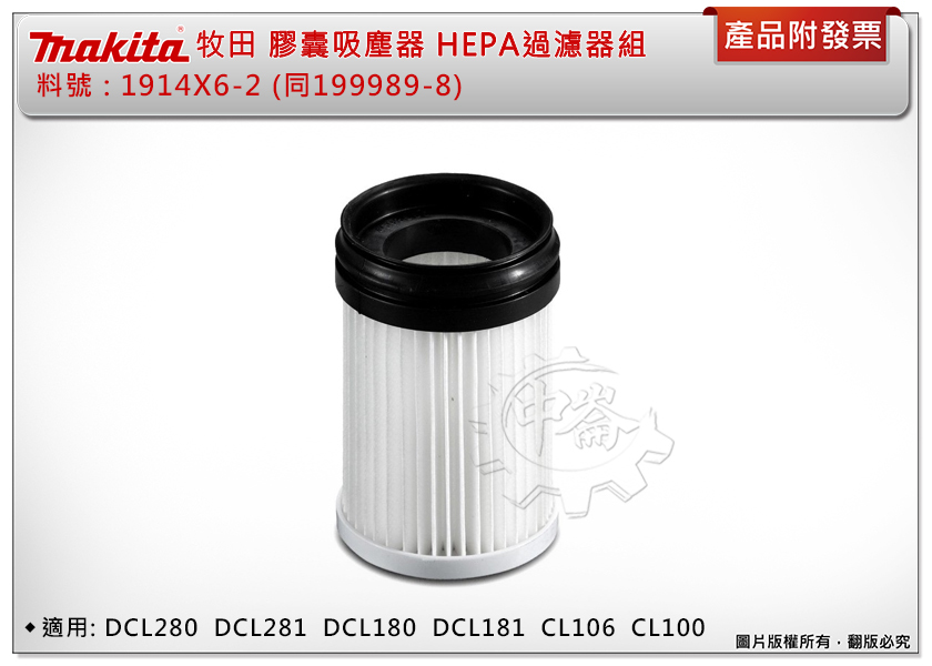 ＊中崙五金【附發票】牧田 膠囊吸塵器 HEPA過濾器組 1914X6-2 (同199989-8) 適DCL280 281