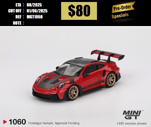PO-$80 * MINI GT * 1:64 #1060 Porsche 911 (992) GT3 RS Weissach Package Guards Red RHD [OD19/05]