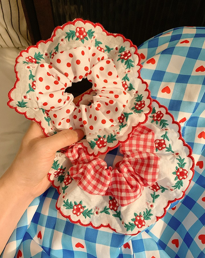 [2 FOR RM10] Polka Dot Plaid Floral Embroidery Scrunchies