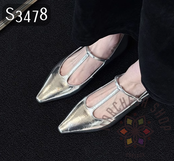 S3478 - 頭層小羊皮簡約扣帶尖頭平底鞋